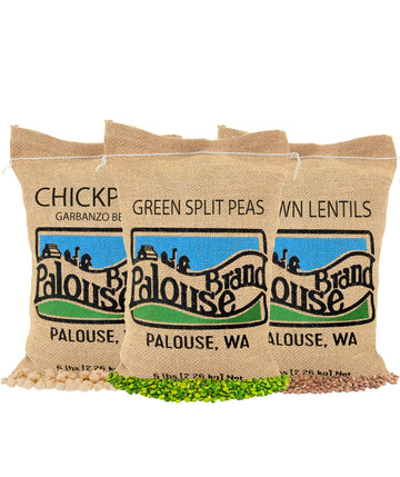 Chickpeas, Brown Lentils, Green Split Peas | 15 LBS Total | 5 LBS Each Woven Jute Bag