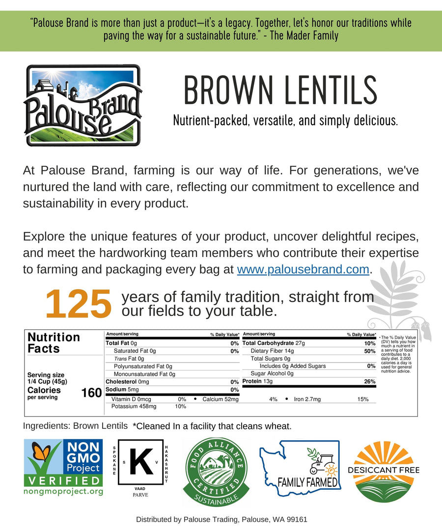 Nutrition Facts for Washington State Grown Hard White Wheat Berries Brown Dry Lentils