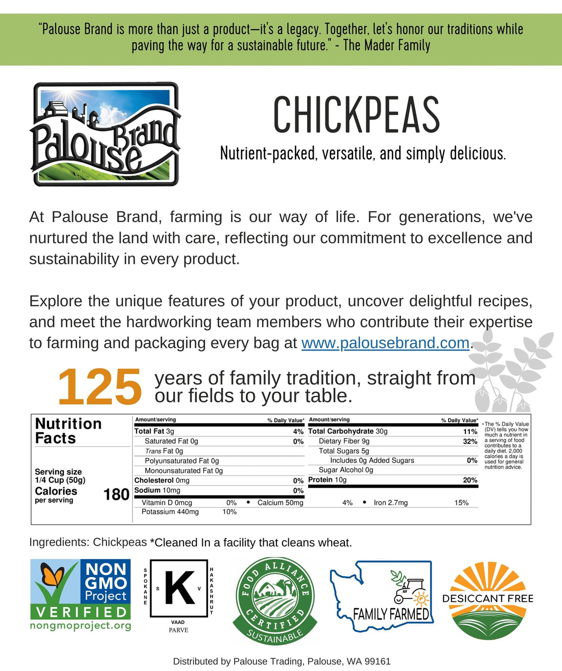 Nutrition Facts for Washington State Grown Chickpeas/Garbanzo Beans