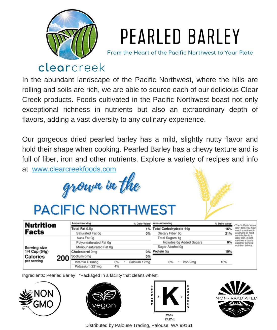 Nutrition Facts for Washington State Grown Pearled Barley