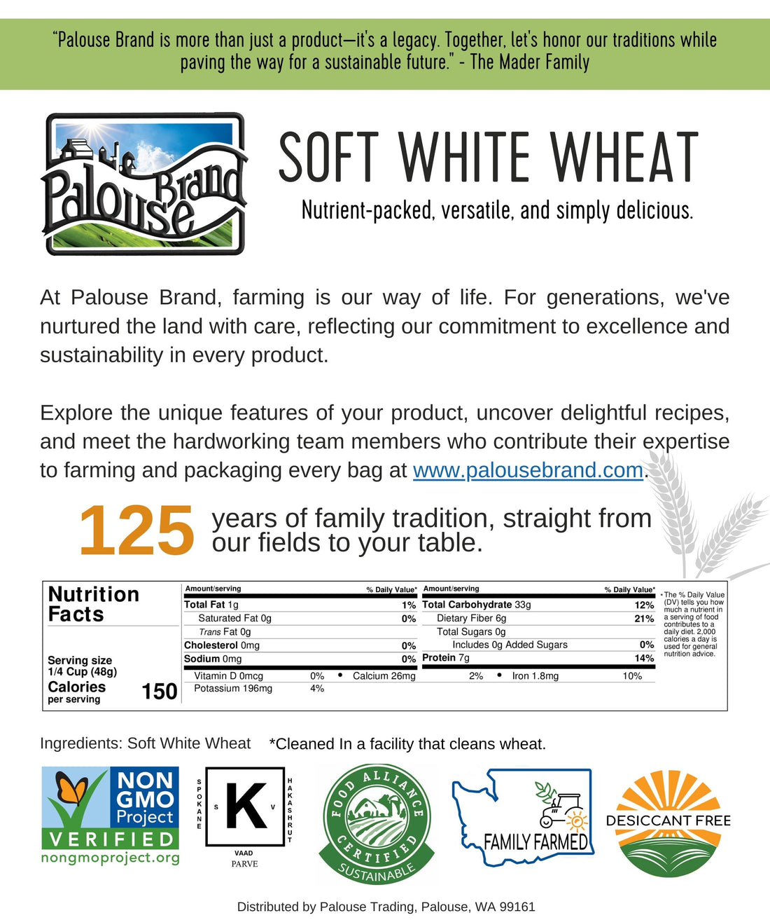 Nutrition Facts for Washington State Grown Soft White Wheat Berries
