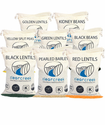 Bulk Bag Bundle | 32 LBS Total | 4 LBS Each | Black Beans, Kidney Beans, Green Lentils, Gold Lentils, Red Lentils, Pearled Barley, Yellow Split Peas | Free 2-3 Day Shipping Woven Linen Bag with Drawstring