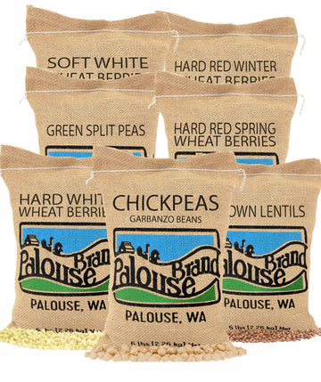 Palouse Brand Bag Bundle | 35 LBS Total | 5 LBS Each | Chickpeas, Lentils, Green Split Peas, Hard White Wheat Berries, Soft White Wheat Berries, Hard Red Winter Wheat, Hard Red Spring Wheat Berries Woven Jute Bag