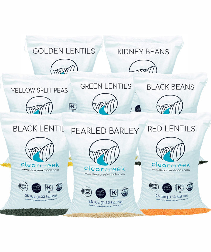 Bulk Bag Bundle | 200 LBS Total | 25 LBS Each | Black Beans, Kidney Beans, Green Lentils, Gold Lentils, Red Lentils, Pearled Barley, Yellow Split Peas | Free Shipping Woven Poly Bag