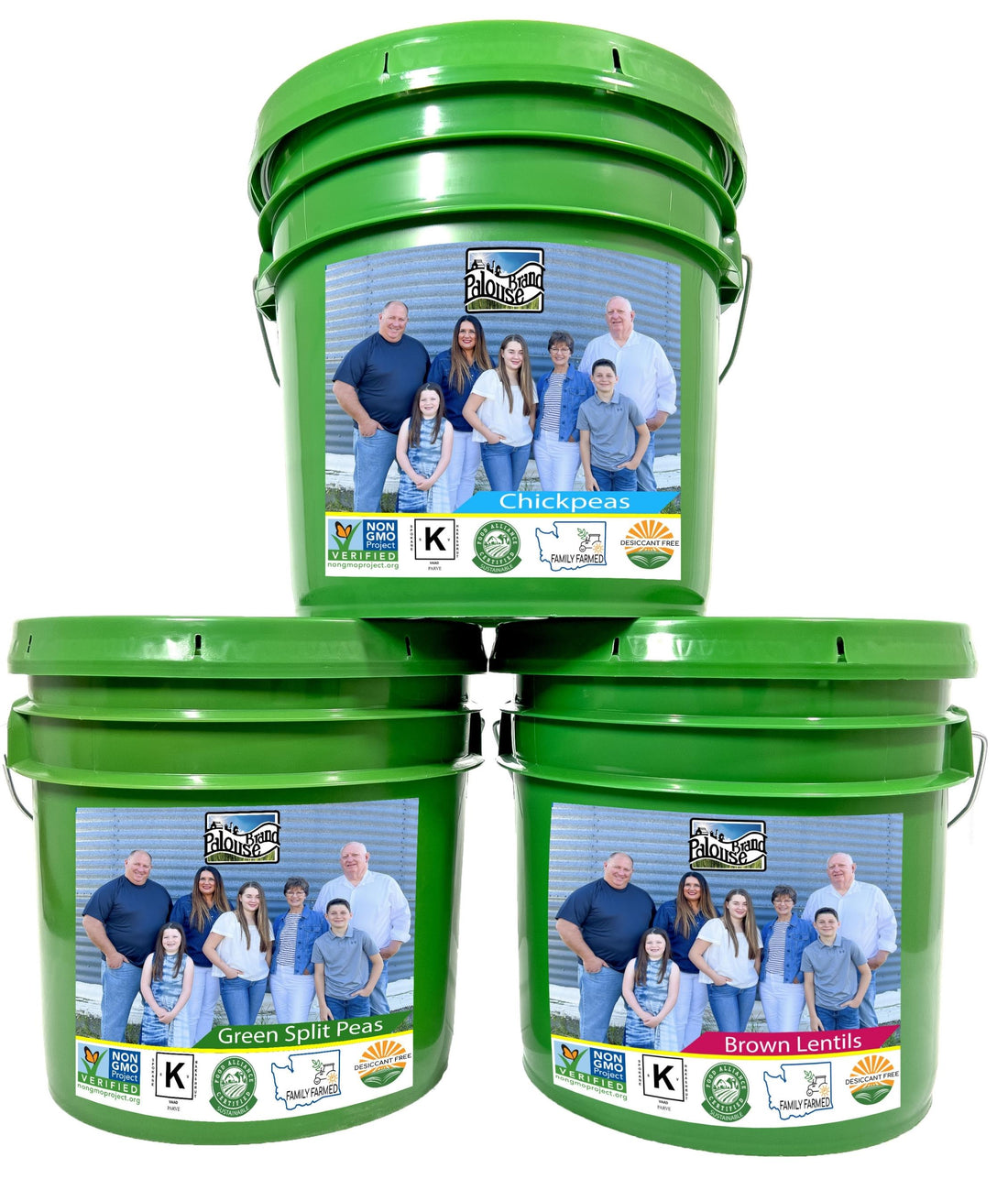 Legume Bucket Bundle | 75 | Chickpeas, Green Split Peas, Brown Lentils 25 LBS Each Food Safe Storage Bucket with Re-Sealable Gasket Lid