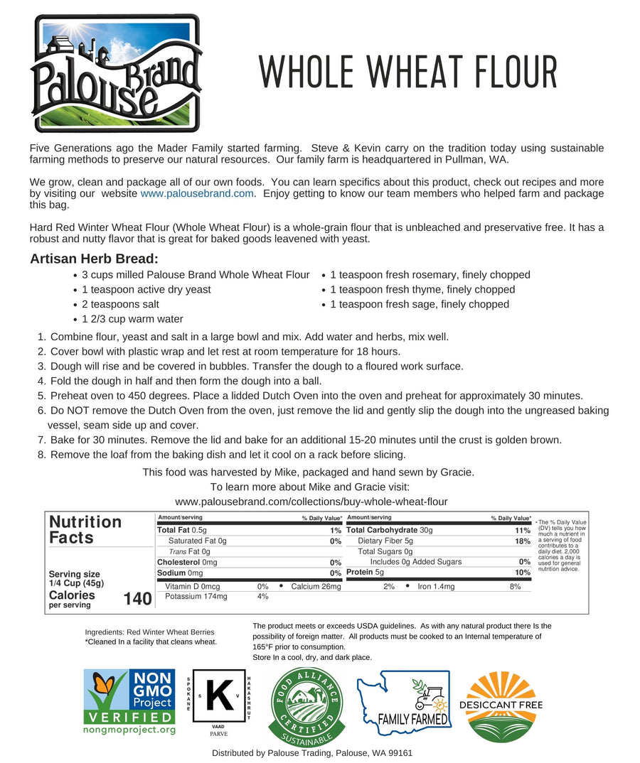 Nutrition Facts for Washington State Stone Ground: Hard Red Winter Wheat