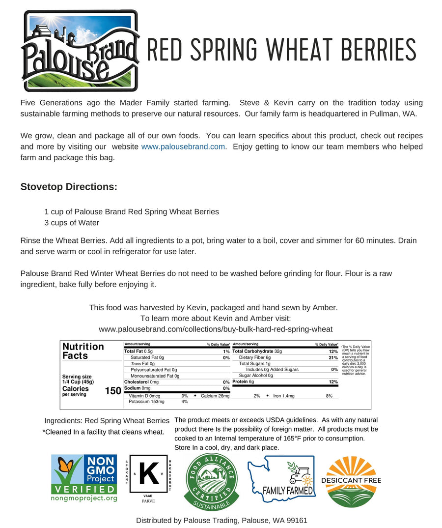 Nutrition Facts for Washington State Hard Red Spring Wheat Berries
