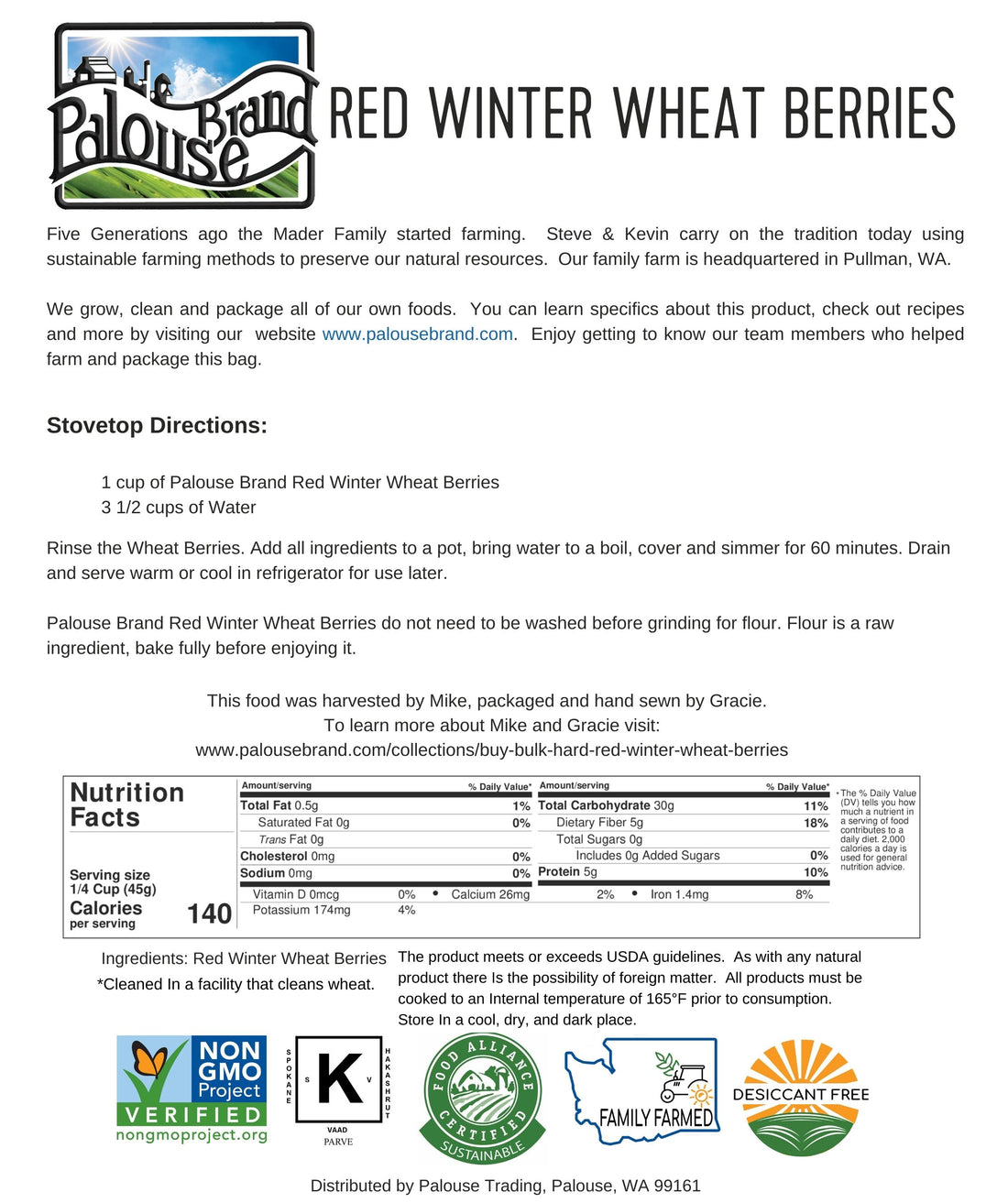 Nutrition Facts for Washington State Grown Hard Red Winter Wheat Berries
