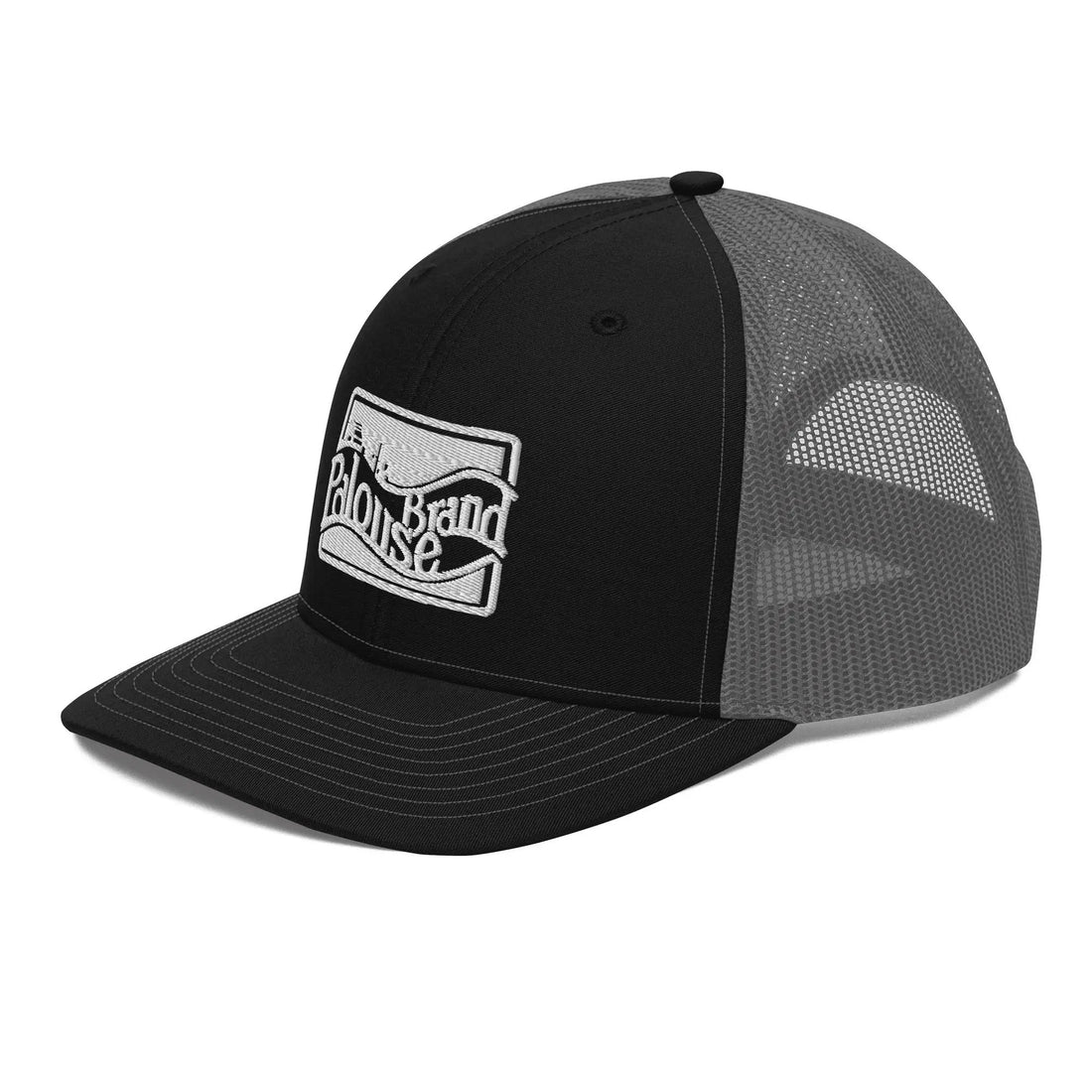 a black and grey trucker hat with a white logo